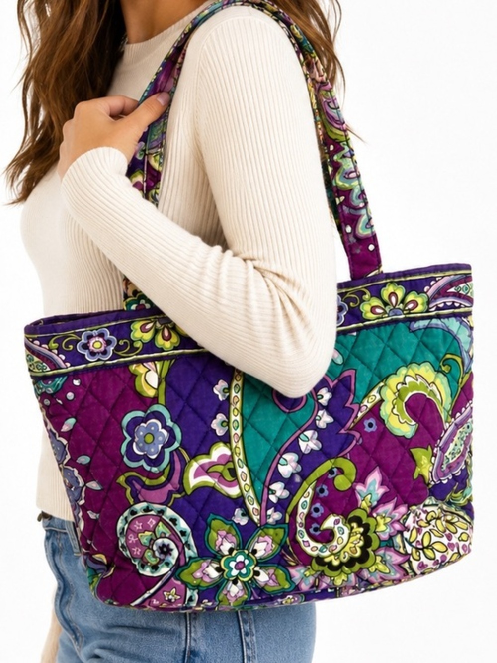 Vera Bradley Heather Paisley Retired Quilted Tote Bag Floral Zip Top Shoulder